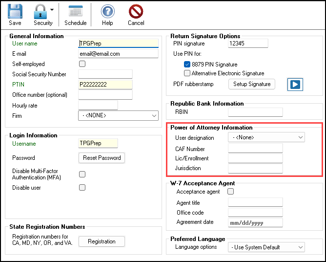 The Power of Attorney Information section of Setup > Preparers